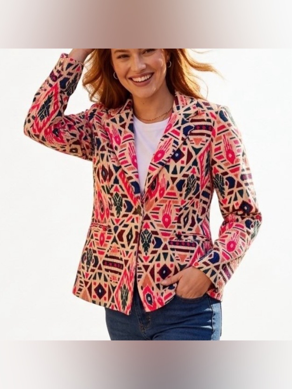 Savanna Jane Aztec Print Corduroy Blazer Jacket Women's Size M Geometric Tribal
